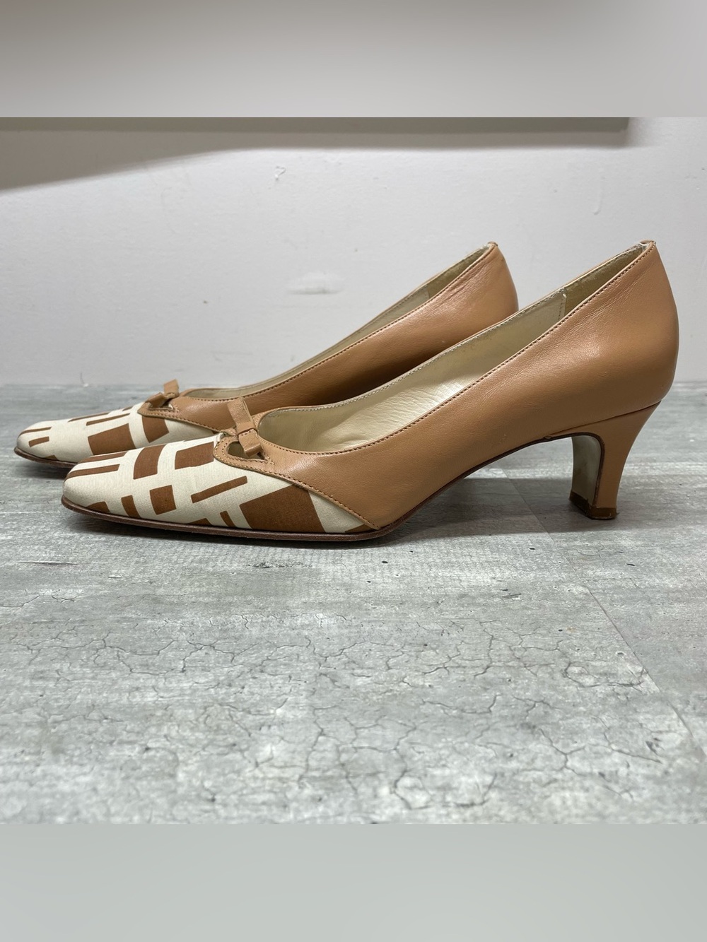 Petrini Leather Canvas Pumps Womens 36 Tan Cream Geometric Square Toe Italy Good - Picture 3 of 9